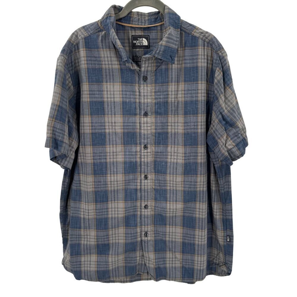 The North Face Blue Plaid Button Down Short Sleeve Shirt Mens XL 100% Nylon Ligh